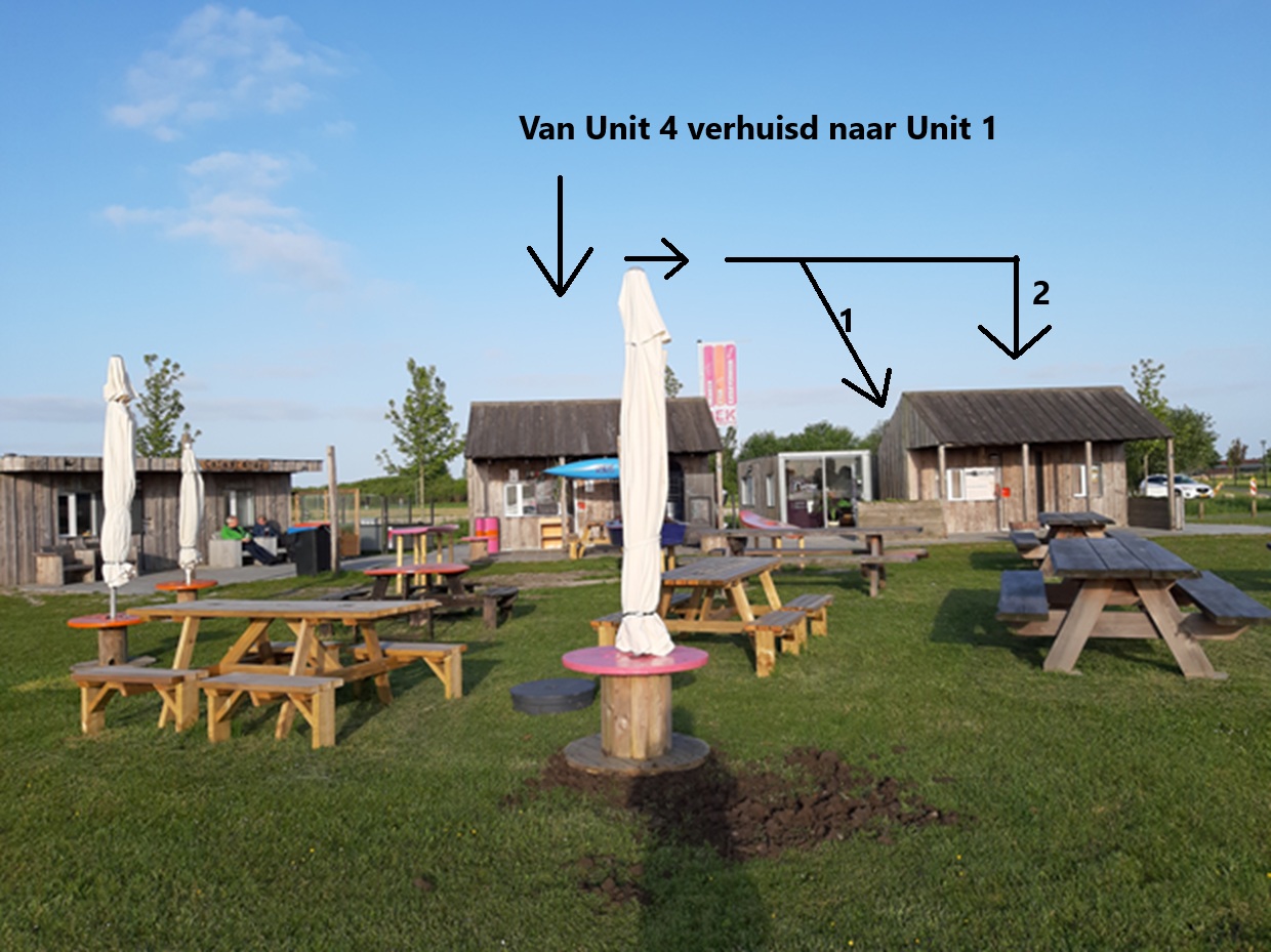 Kayakverhuur DEK Blauwestad van Unit 4 naar Unit 1 en Unit 2 met Drinken Eten Kayakverhuur verhuisd Strand Zuid Oldambtmeer Groningen Nederland