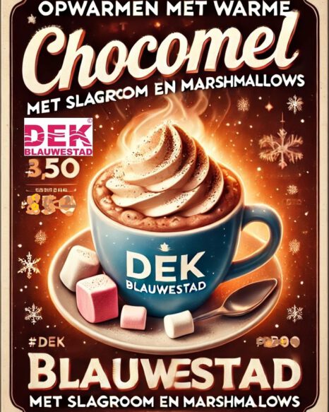 Kom opwarmen bij DEK! Geniet van een warme chocomel met slagroom en marshmallows.