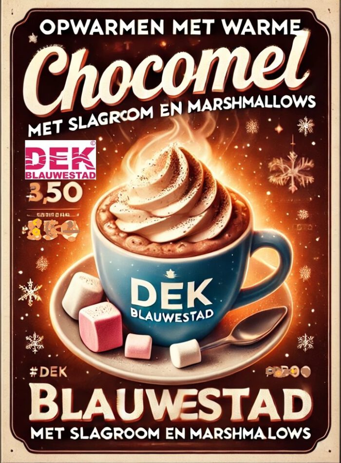 Kom opwarmen bij DEK! Geniet van een warme chocomel met slagroom en marshmallows.